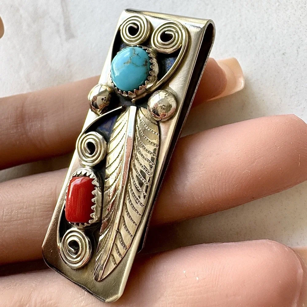 Navajo Natural Turquoise Coral Money Clip Silver 2in Mens Gift Handmade Arviso